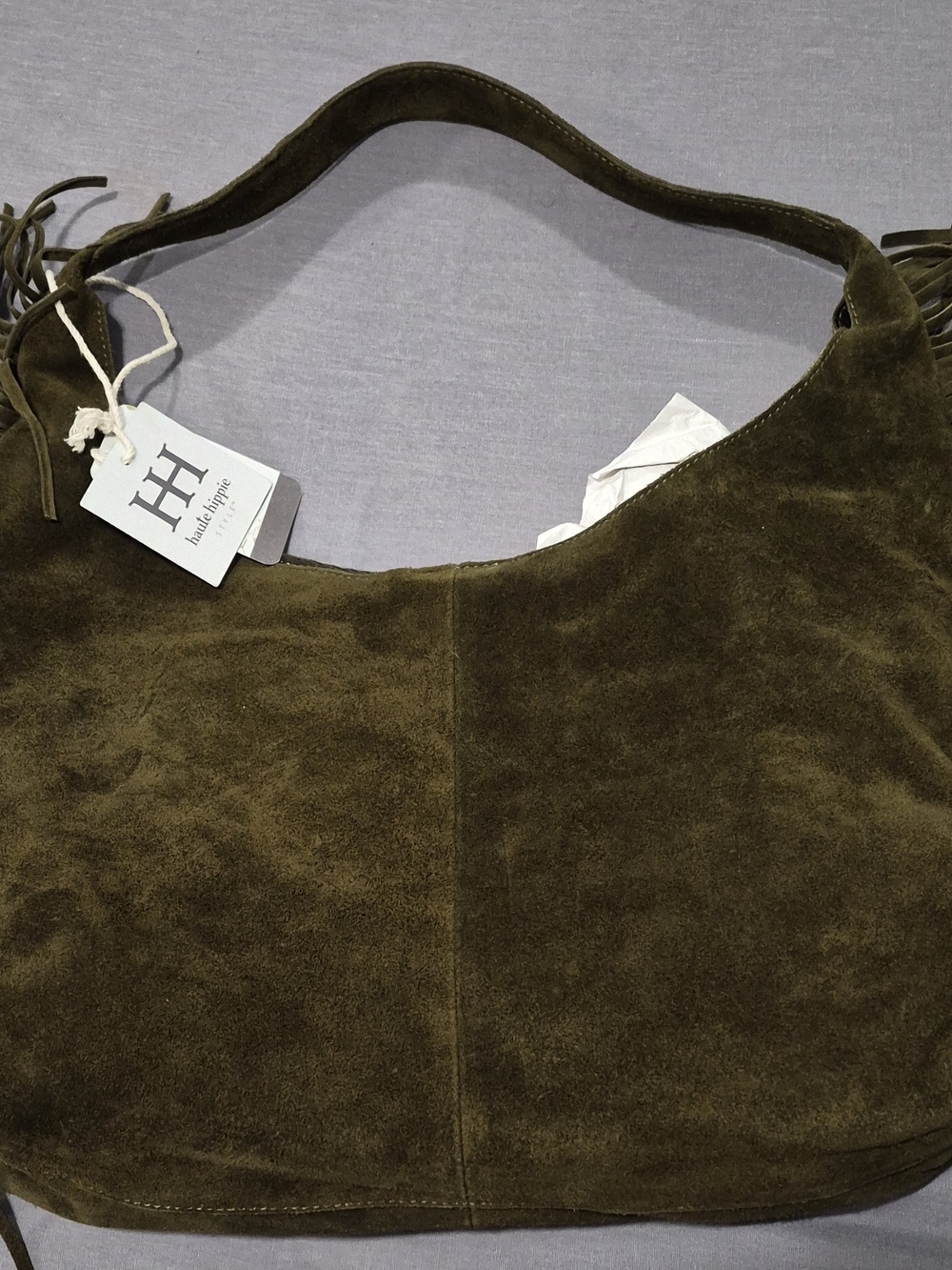 Haute Hippie Olive Green Suede Hobo Bag with Fringe - Picture 5 of 6